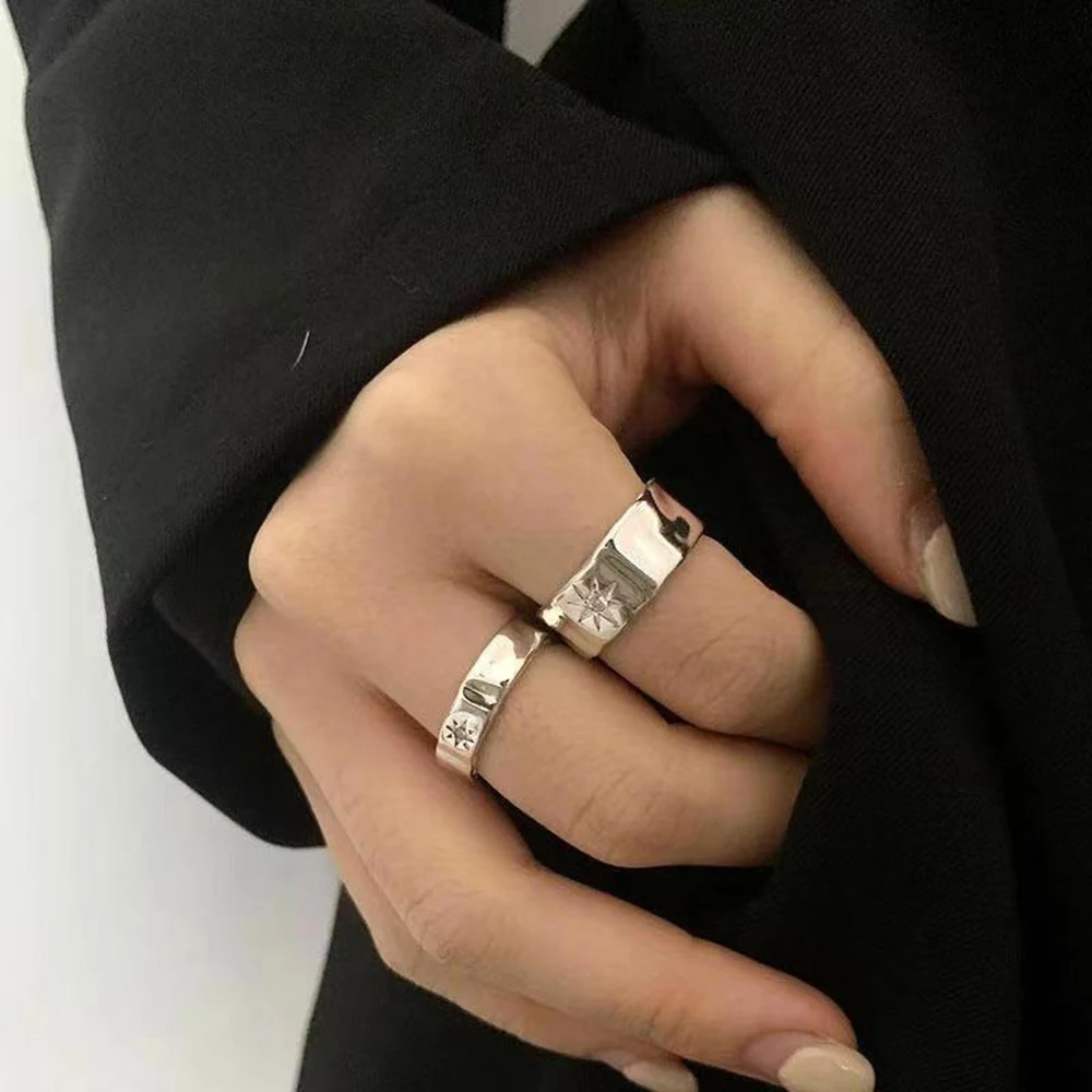 1pair Y2K Star Couple Rings Unisex Punk Sliver Zircon Star Open Ring Women Men Wide Retro Figner Rings Lovers Gifts Jewelry 3