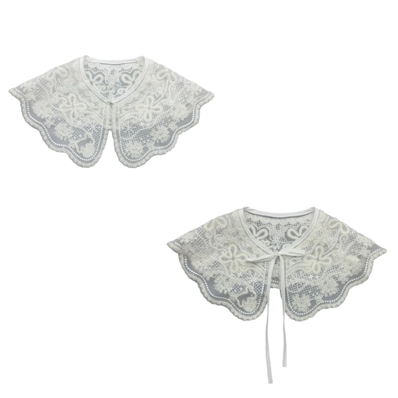 

Pearl Button Detachable Fake Collar Elegant Embroidery Floral Sequins Capelet