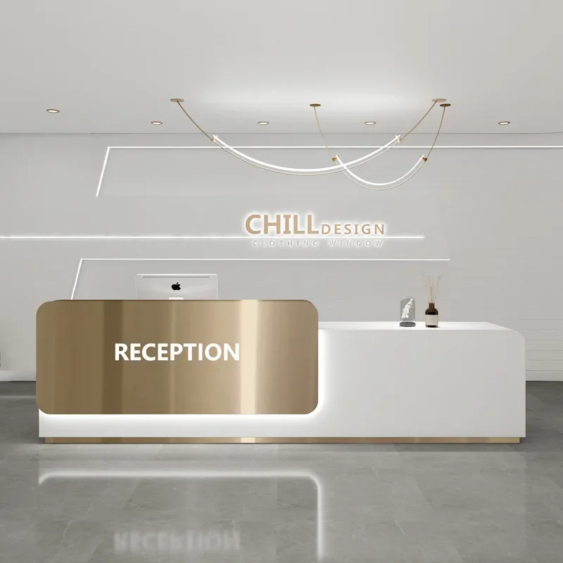 Metal Stainless Steel Office Checkout Counter Hotel Office Furniture Work Front Desk Reception Salon Reception Desk With Cabinet