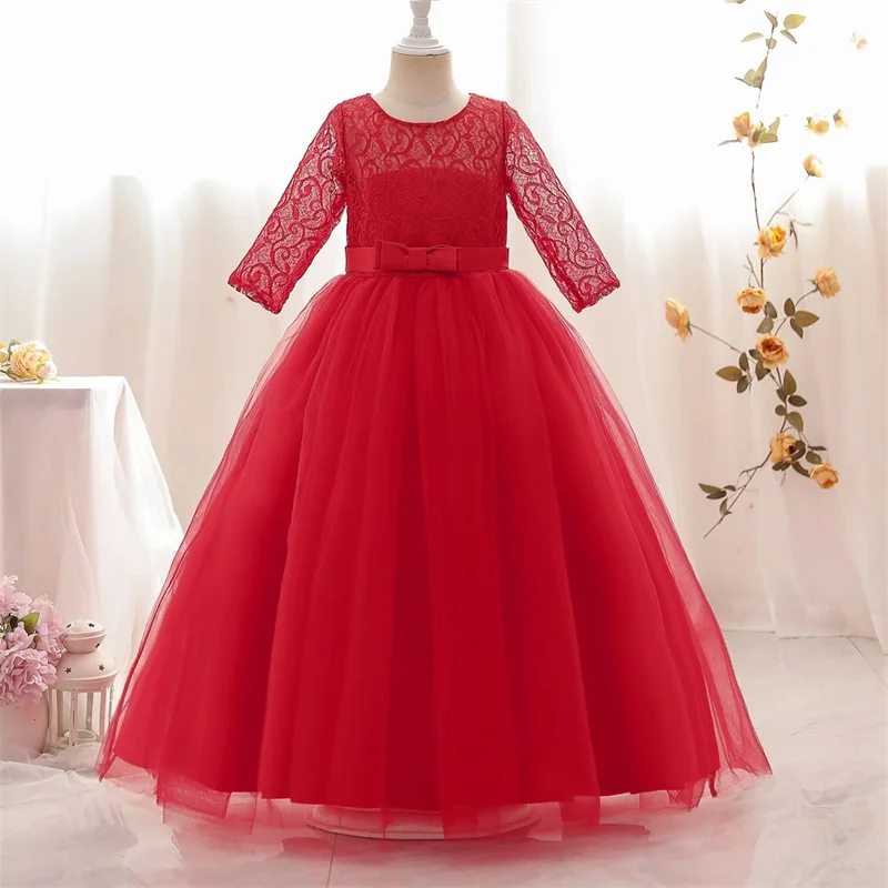 Girls Dress Princess Costume Flower Girl Wedding Banquet Lace Long Dress for Kids Elegant Puffy Lace Bow Birthday Party