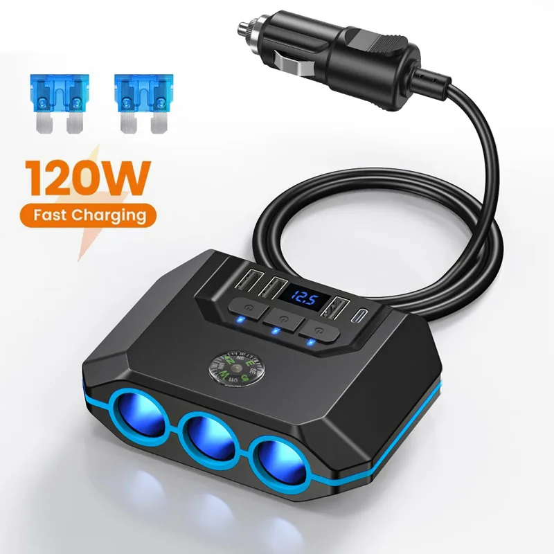 

12V-24V 120 W Car Cigarette Lighter Splitter 4Usb Cigarette Lighter Charger 1 Tow 3 with Switch Voltage Display Adapter