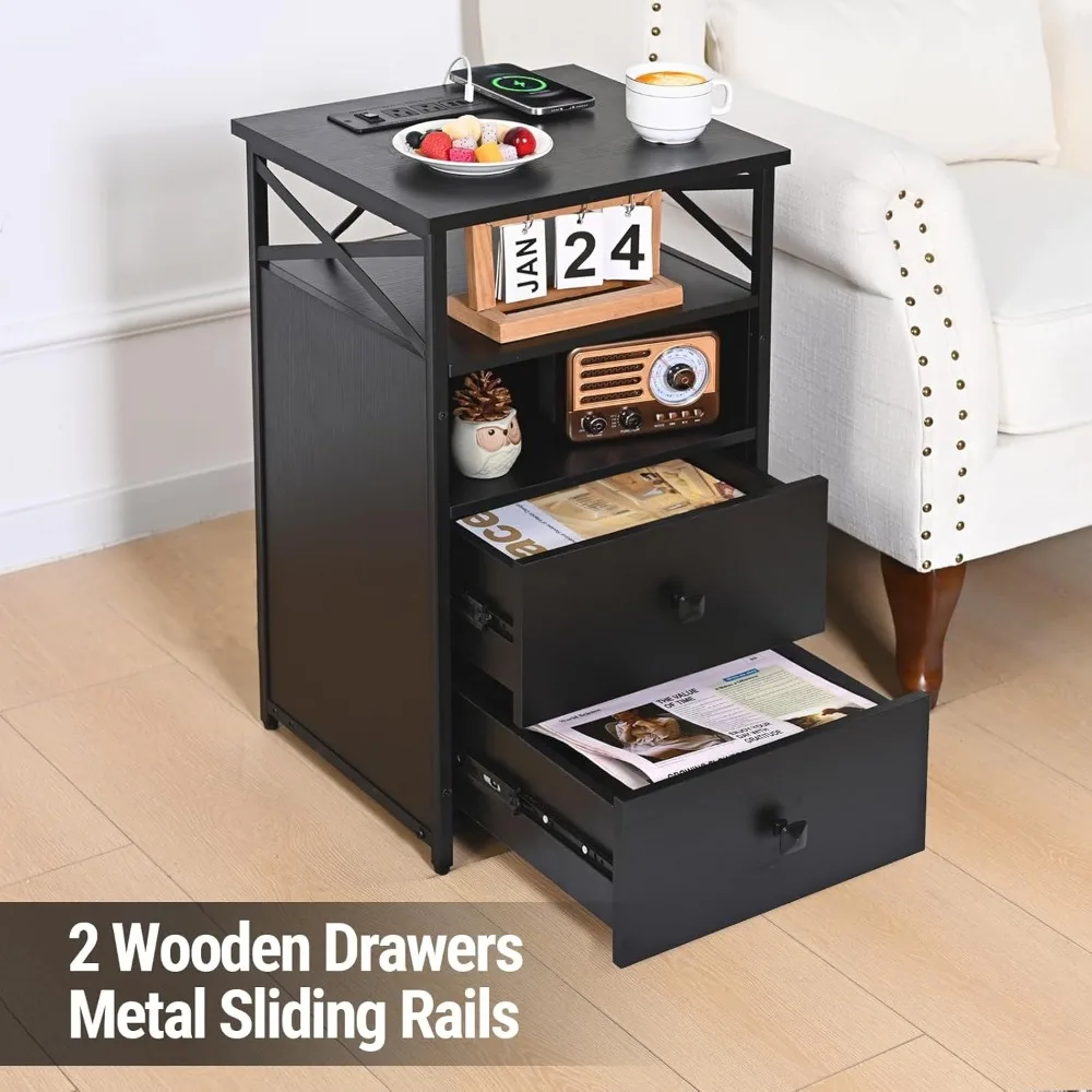 LED Nightstands with Wireless Charging Station, End Tables Set 2 with LED Lights, Bedside Table with Wooden Drawers, Black Night 6