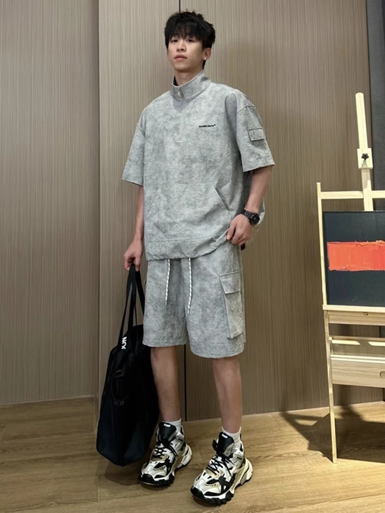 남성용 타이다이 반팔 티셔츠 및 반바지 세트 속건성 얇은 작업복 여름 패션 앙..