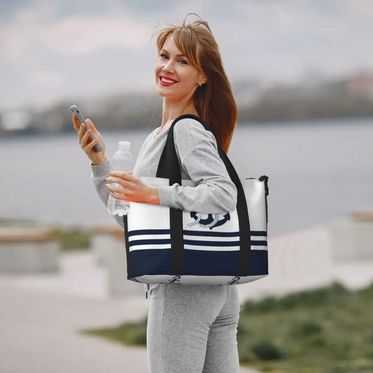 Nautical Blue Anchors With Blue And White Stripes Beach Tote Bag Extra Large Gym Carry On Navy Travel Shopping Bags