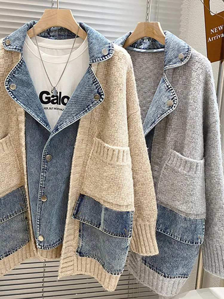 Cardigan Sweater Women Thick Fake Denim Coat Female Turn-Down Collar Outerwear Lady Patchwork Pockets Knitwear pull femme luxe