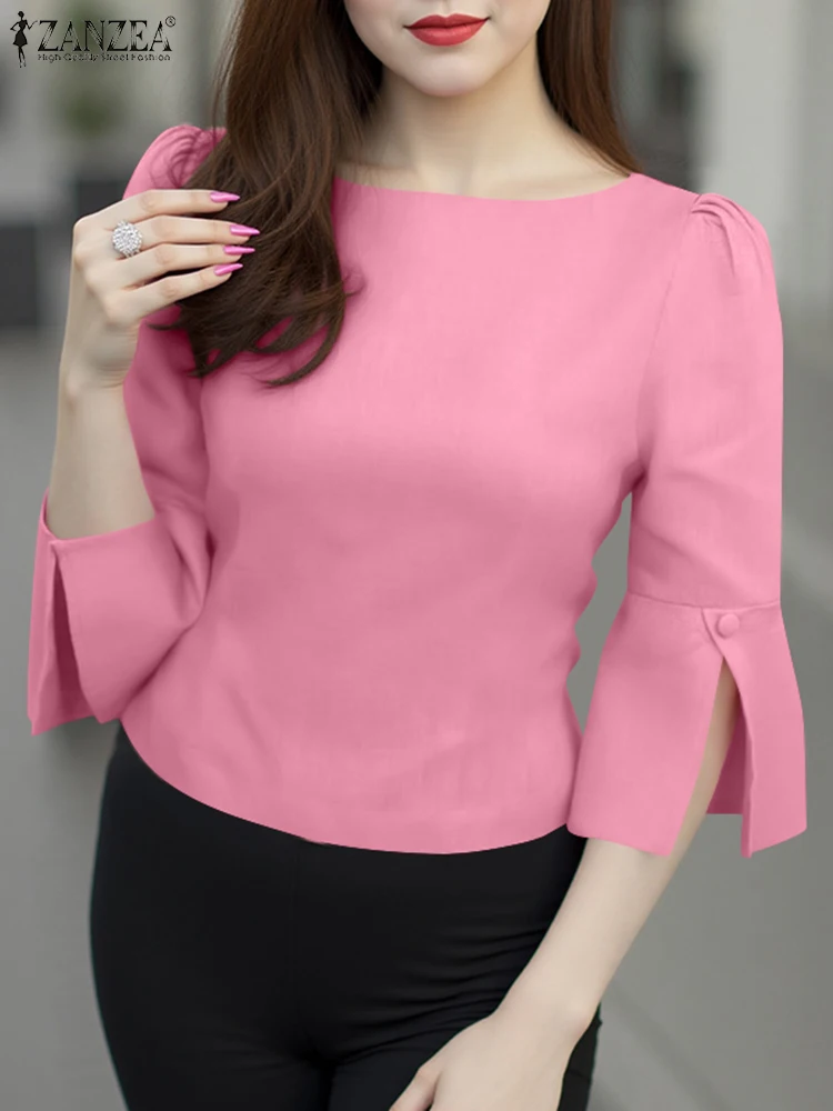 Women Summer Blouse Elegant Puff Sleeve Office Top