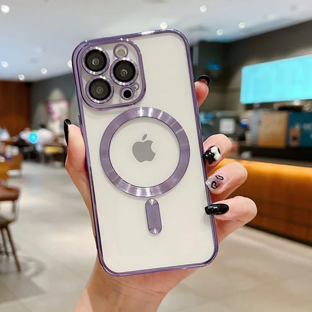 thumbnail image 1 of Funda magnética de moda para cargador inalámbrico Magsafe, funda chapada suave con Protector de lente para iPhone 15, 14 Plus, 13, 12, 11 Pro Max, 1 of 5