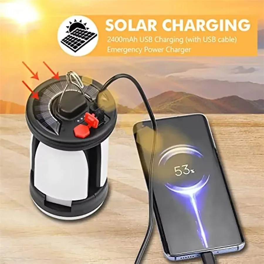 Portable Solar LED Camping Lantern Rechargeable Outdoor Emergency Power Bank Foldable 6 Light Mode Camping Hiking Lamp with Hook camping lantern