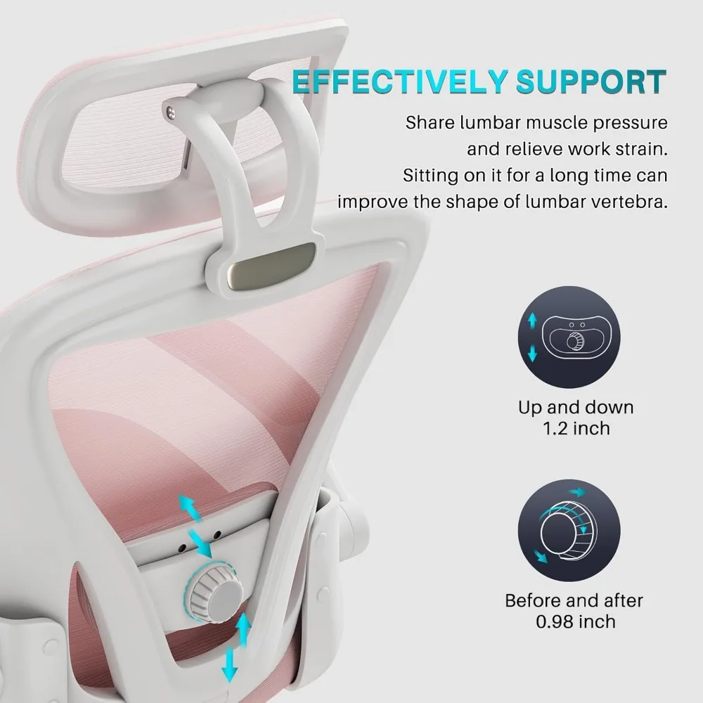 Ergonomic Office Chair M903, High Back Comfy Mesh Desk Chair with Wheels, Adjustable Lumbar Support, Headrest, Pink 4