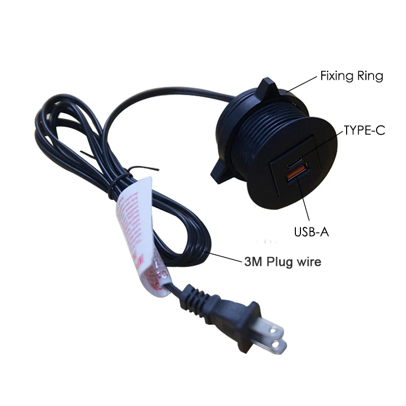 18W USB(A+C) Desktop Grommet Charger With US/EU Plug ABS Flame Retardant Type-C Charging Port Furniture