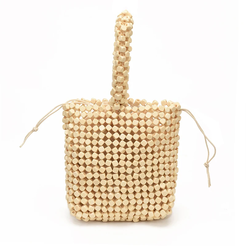 Borsa Tote Artigianale in Legno con Perline, Borsa a Secchiello Retrò Intrecciata con Manico Superiore e Perline, con Coulisse e Perline in Legno Naturale per la Spiaggia - immagine 6