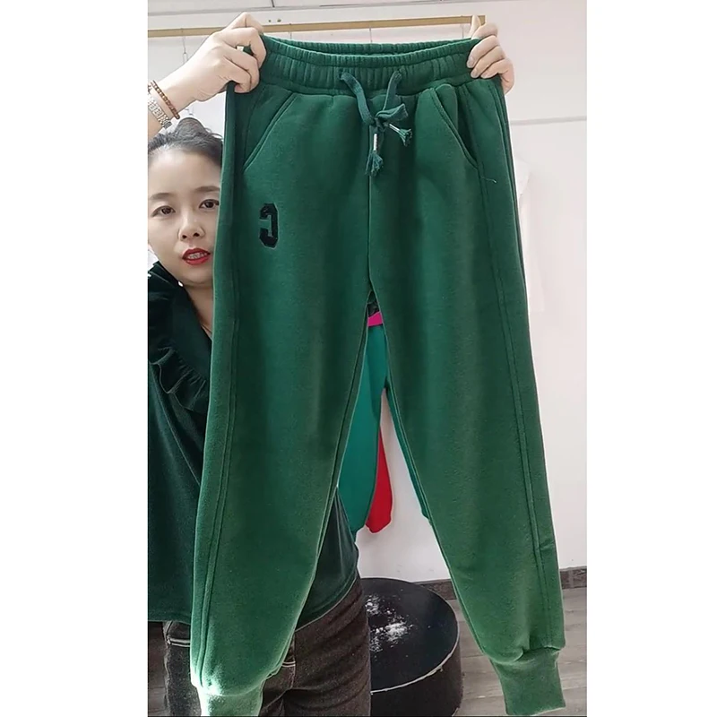 Add Velvet Winter Sweatpants Women Letter Print High Waist Korean Harem Pantalones All-Match Fleece Lined Oversized Baggy Pant