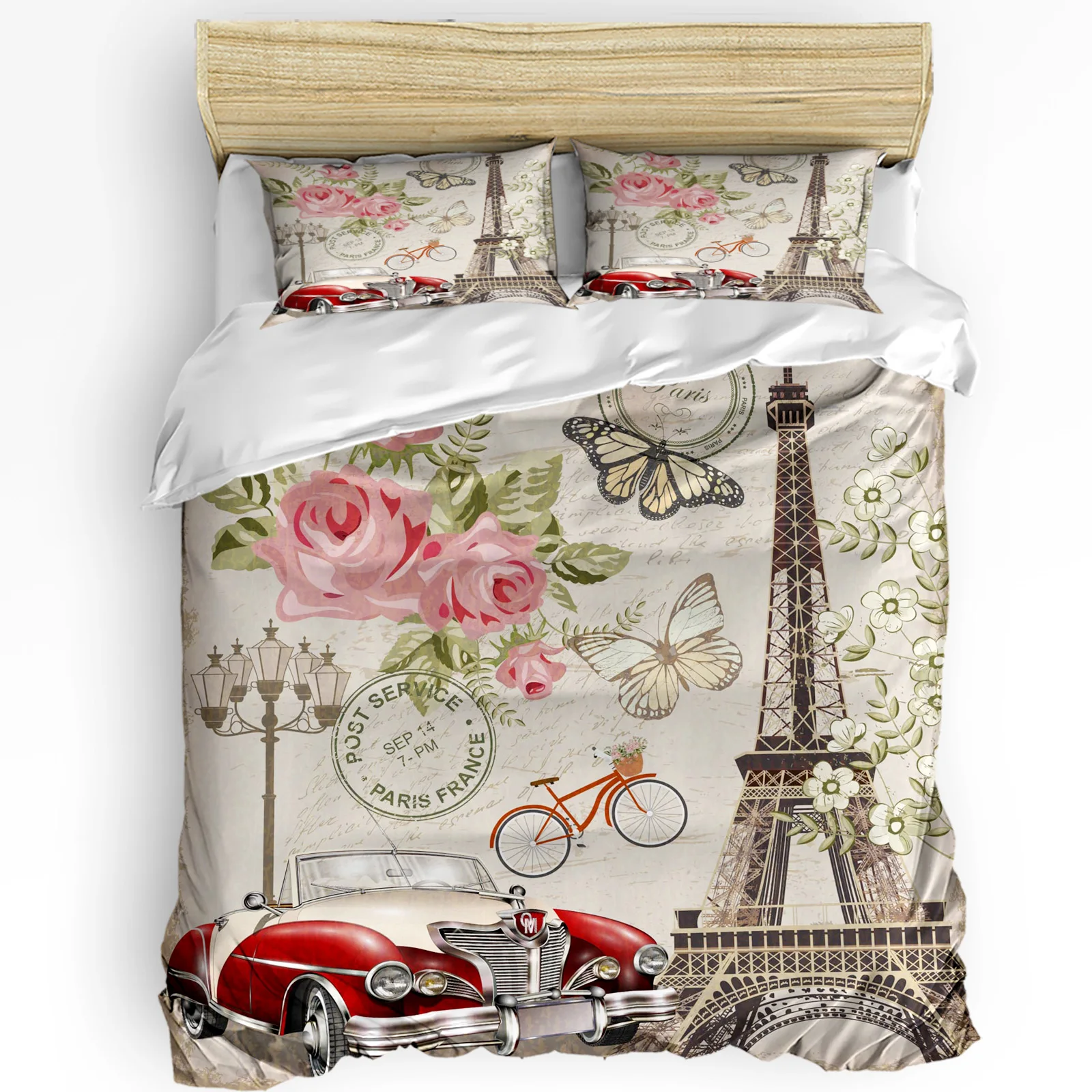 

Eiffel Tower Flowers Car Bike Retro Butterfly Duvet Cover Bed Bedding Set Home Quilt Cover Pillowcases Bedding Set No Sheet