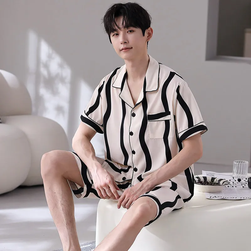 Men's Summer Thin Ice Silk Pajamas Lapel Short Sleeve Cardigan Shorts Oversized Loose Casual Home Clothing Set Luxury Sleepwear