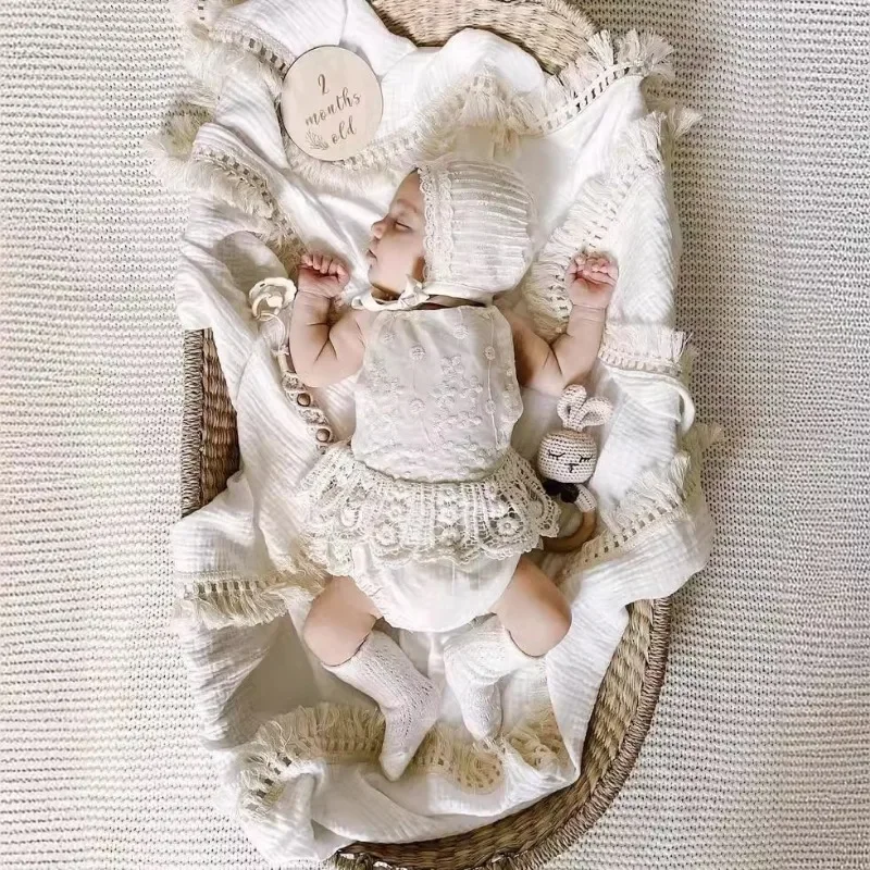 INS Baby Double-layer Gauze Tassel Cover Blanket Baby Pure Cotton Windproof Shawl Holding Blanket Childrens Bath Towel
