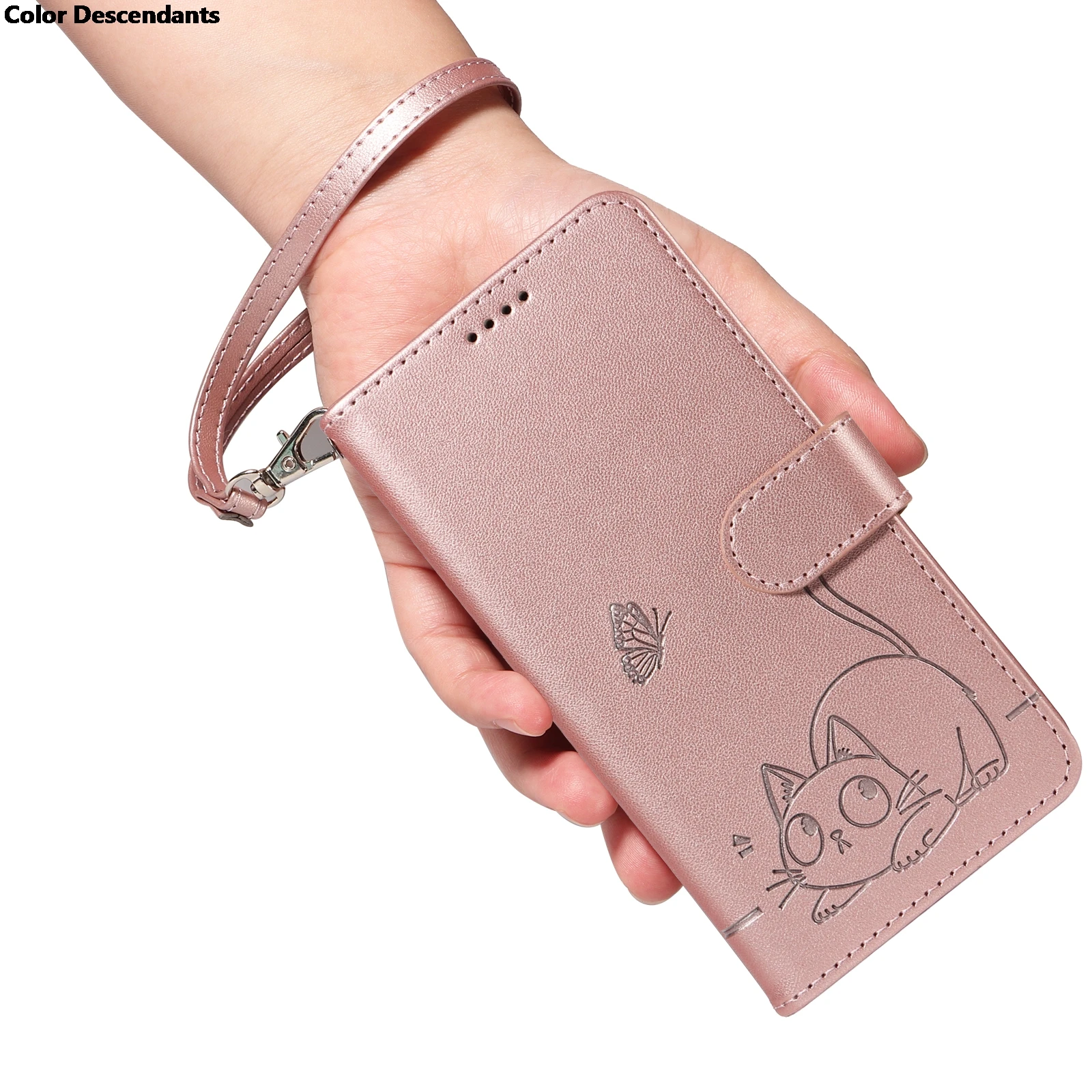 Magnetic Wallet Flip Leather Case with Cat and Butterfly Embossed Design