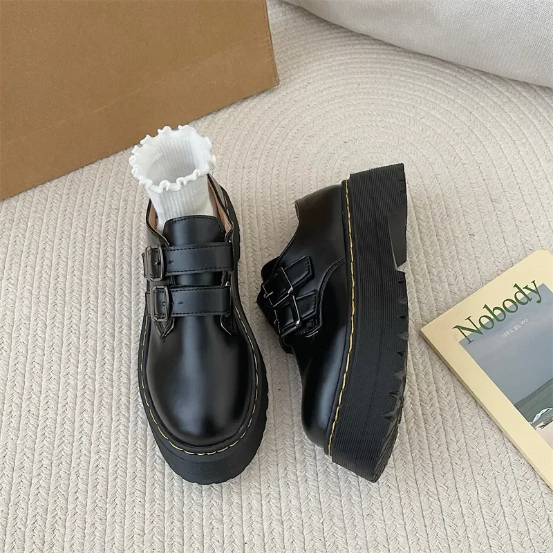 Summer Women's British Style Leather Shoes Thick Bottom Lace-up Black Single Shoes Female Fashion Student Platform