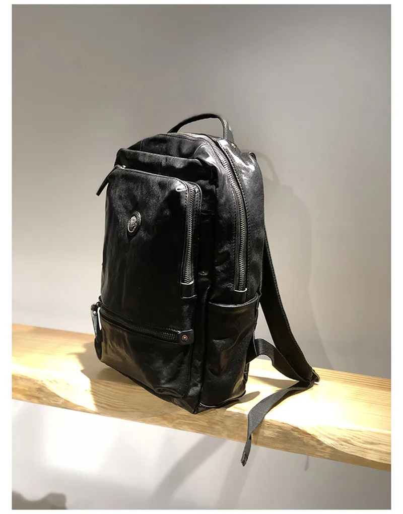 Fashion luxury genuine leather men women's black backpack casual outdoor travel high quality natural real cowhide laptop bagpack
