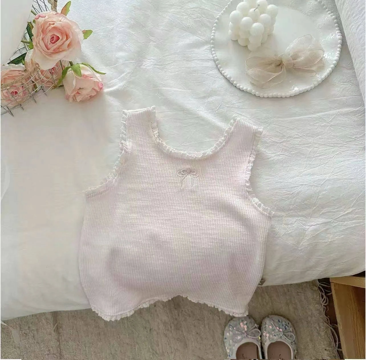 T2582 Girls Embroidered Lace Trim Mini Vest Cute Stylish Summer Wear Striped Camisole Baby Girls Inner Wear Strap Top 5