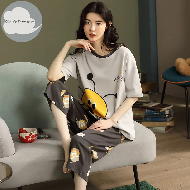 Women Pajamas Set Women Pajama Suit Summer Knitted Cotton Cartoon Pajamas Sets Women Pyjamas Sleepwear Nightwear Calf-Length Pants Homewear Plus Size