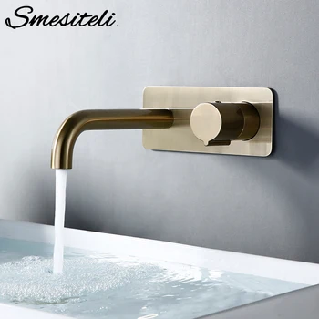 Smesiteli ห้องน้ำอ่างล้างหน้าก๊อกน้ำแผ่นร้อนและเย็น Wall-Mount Mixer แตะแปรงก๊อกน้ำทองที่มีลูกบิด 1