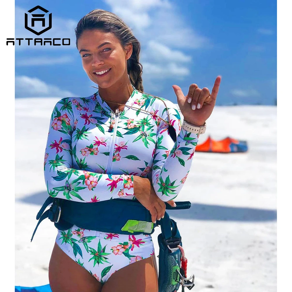 

Attraco Women's One Piece Swimsuit Rash Guard Printed Zipper Surf Suit Long Sleeve Beach Surf Suit UPF 50+