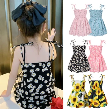 2024 Summer Girls Casual Dresses Daisy Print Suspender for Baby Sleeveless Floral Beach Dresses Children Costume Cheap Stuff