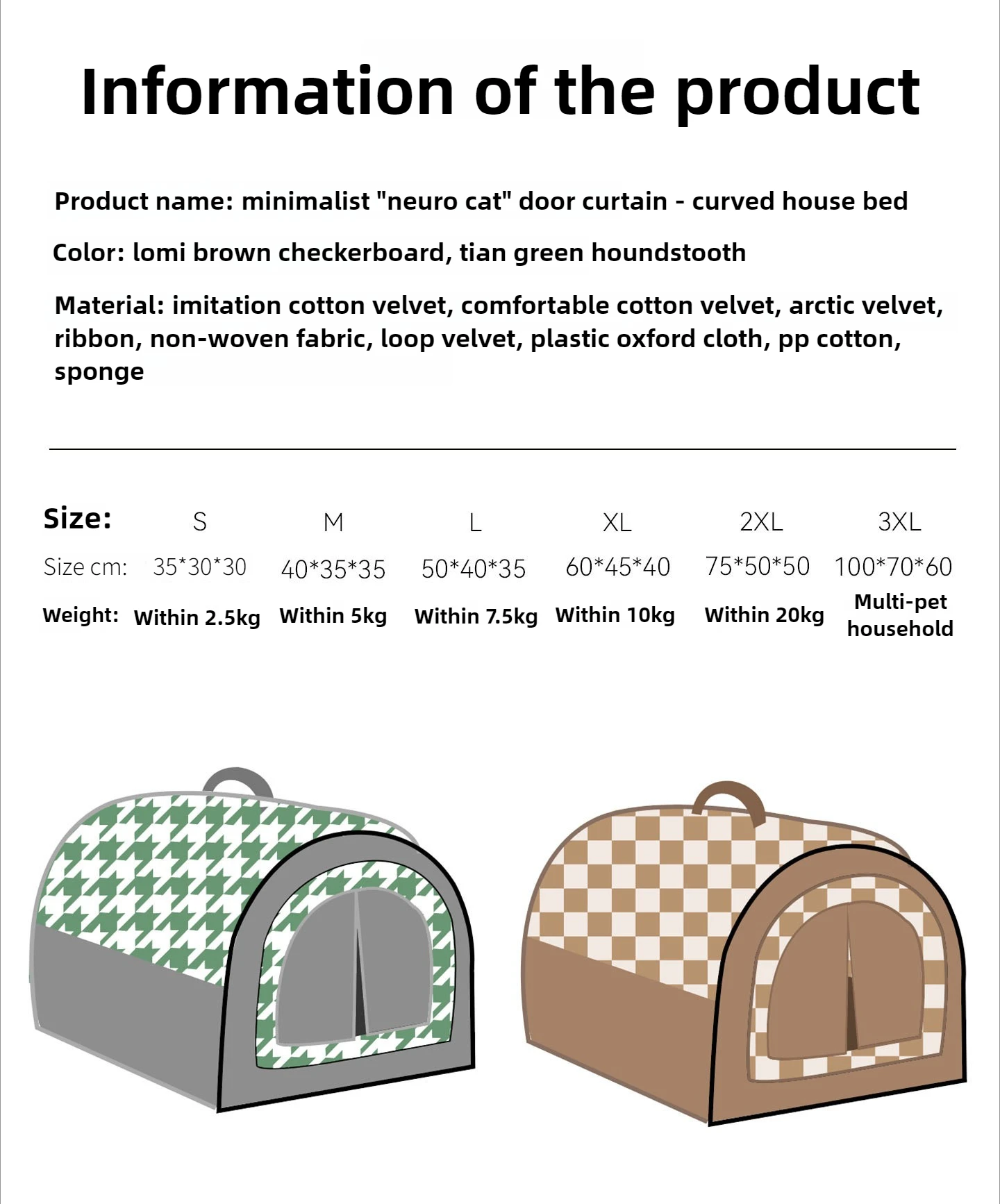 A technical specification chart for the Minimalist Neuro Cat door curtain house bed, showing a size guide from S to 3XL with corresponding dimensions and pet weight capacities. Includes illustrations of the green houndstooth and brown checkerboard color options.