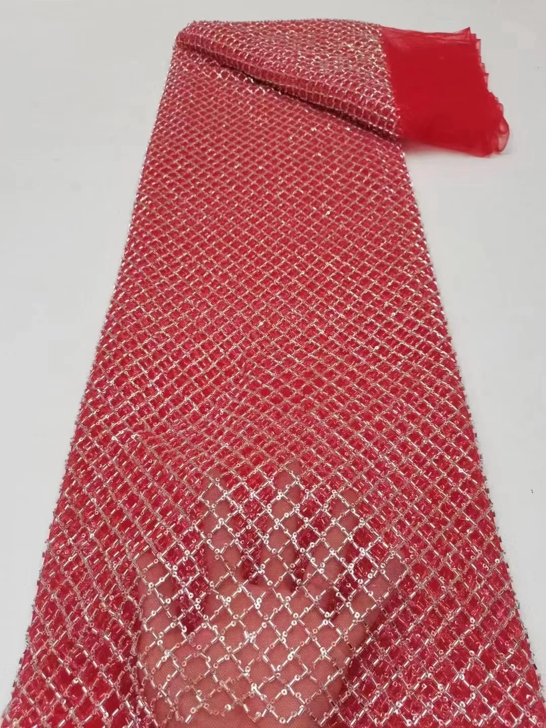 

Red 2023 Latest High Quality Champagne French Tulle With Full Sequins African Dubai Hand Beaded Lace Bridal Fabrics Luxury