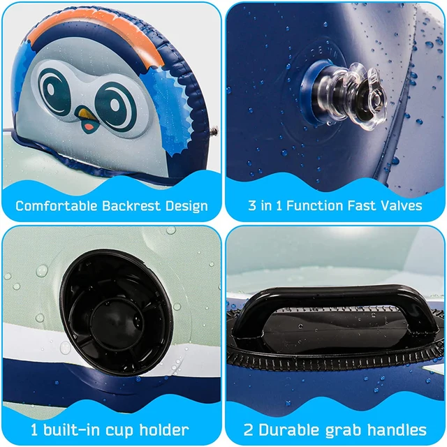 Inflatable Pool Float Lounger with Backrest Penguin Owl Swimming Ring River Run Pool Tube with Mesh Bottom Handles Drink Holder 3