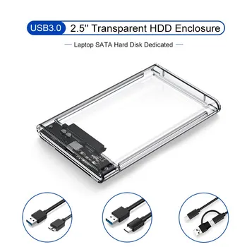 USB 3.0 투명 HDD 인클로저, C타입 마이크로 케이블, 외장 하드 드라이브 디스크 케이스, 2.5 인치 SATA 박스 HDD SSD 컴퓨터, 2.5 인치