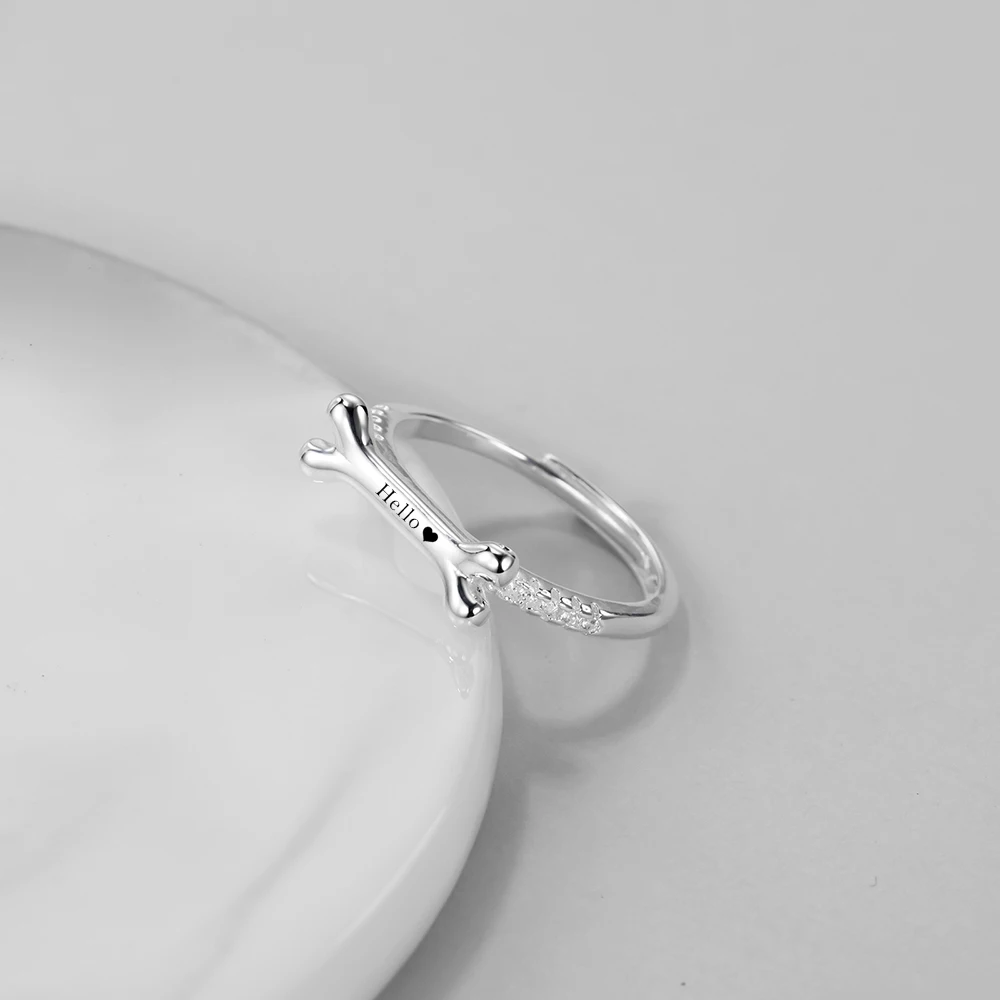 Ring for Women Adjustable Size Ring Personalized Dog Bone Pet Name Rings with Crystal Charm - PeticaDeals
