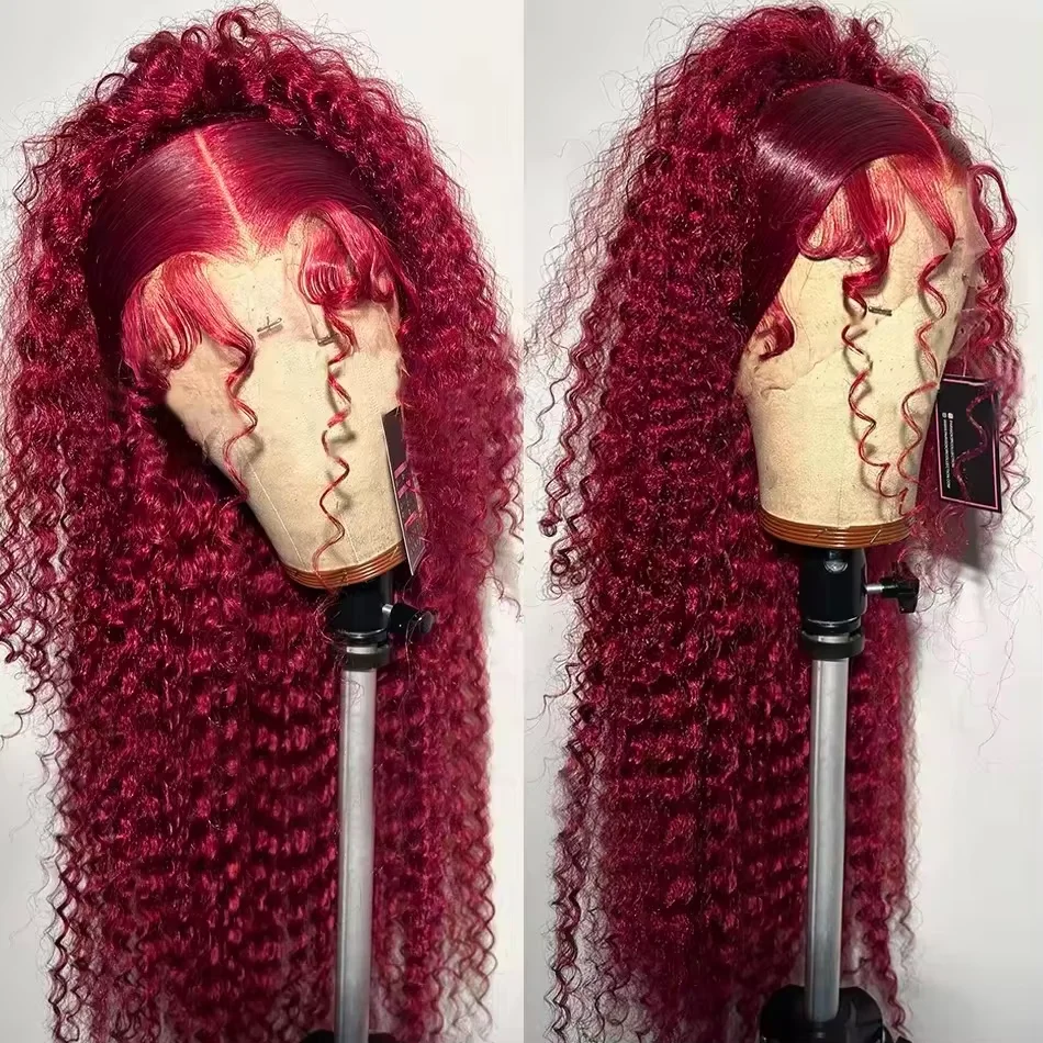 200 Density 13x4 Curly 99J Burgundy Lace Front Wig Red Wine Colored 30 40 Inch Deep Wave 13x6 HD Lace Frontal Human Hair Wigs