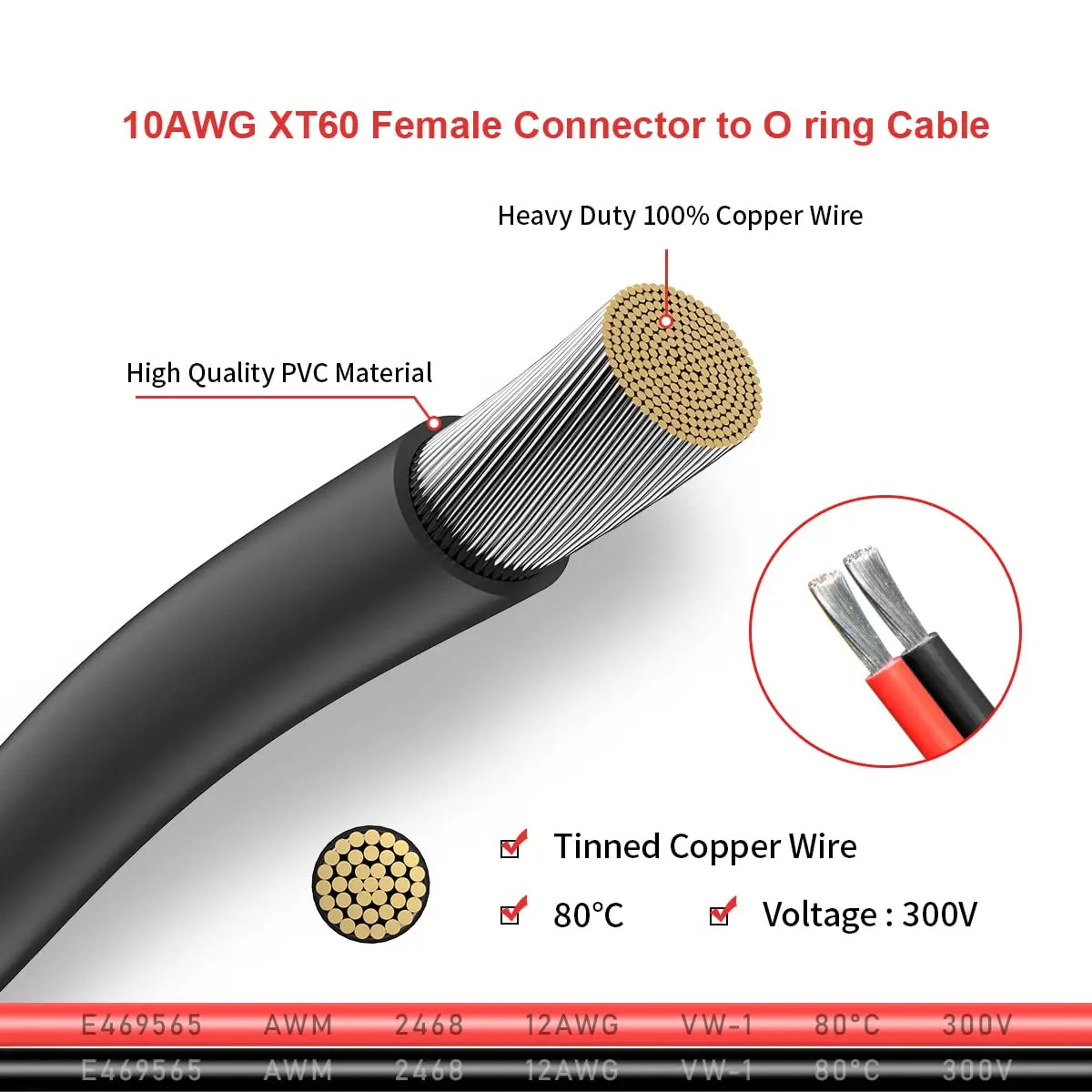 슈퍼뱃 10AWG XT60 암형 - O링 터미널 케이블 (주석 도금 순수 와이어 포함) RC 배터리, 태양광 휴대용 발전소용 (2피트)