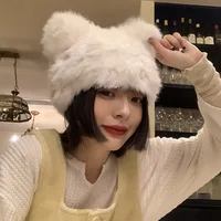 2022 Real Rabbit Fur Winter Hat for Women Knitted Fluffy Beanie Ladies Fashion Solid Color Warm Plush Skull Women's Thick Hat 1