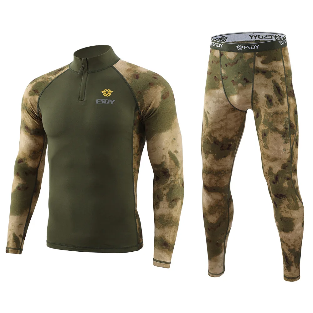 Set Tattico Militare da Uomo in Tessuto Mimetico, Maglia a Compressione a Maniche Lunghe e Pantaloni in Pile, Abbigliamento Termico per Ciclismo e Sport all'Aperto - immagine 2