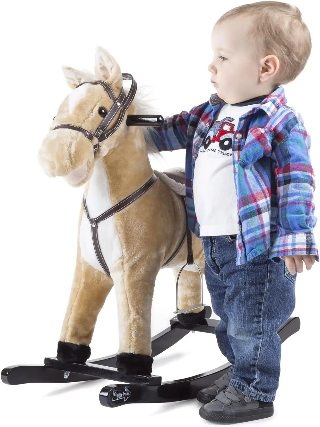 Rocking Horse Plush Animal on Wooden Rockers with Sounds, Stirrups, Saddle & Reins, Ride on Toy, Toddlers to 4 Years Brown Large images - 6