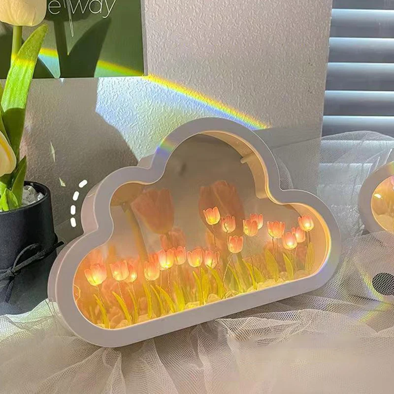 DIY Cloud Tulip LED noapte lumină fete dormitor ornamente Creative cadru foto oglindă lămpi de masă noptieră cadouri de ziua de naștere lucrate manual_voghion.com