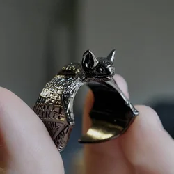 Vintage - Inspired Silver Bat Ring - Street Punk Gothic Adjustable Handmade Jewelry Gift - Resizable (MR045Black)