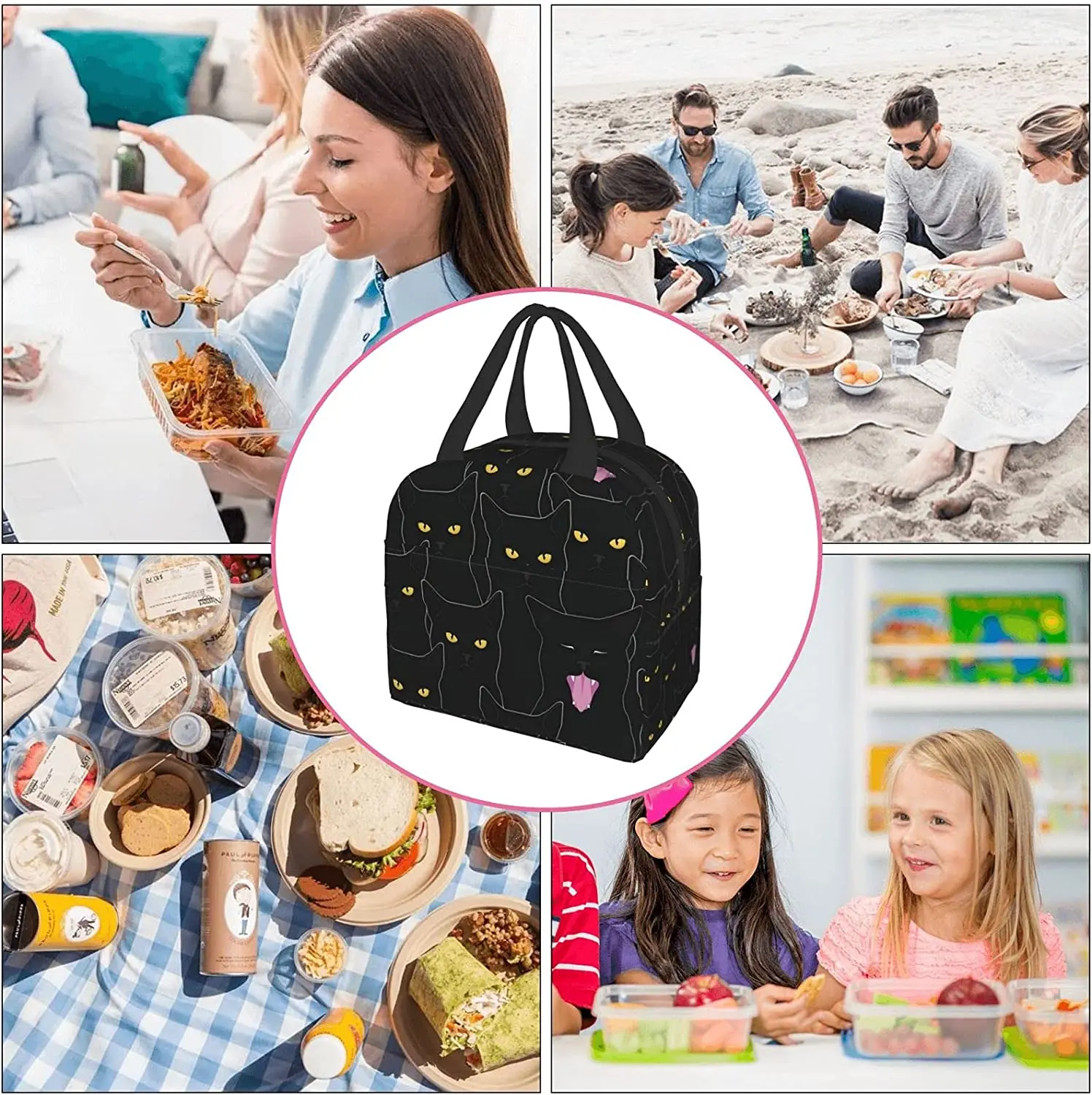Black Cats Insulated Lunch Bag for Women Men Reusable Leakproof Tote Bag with Front Pockets Cooler Work Office Beach Hiking