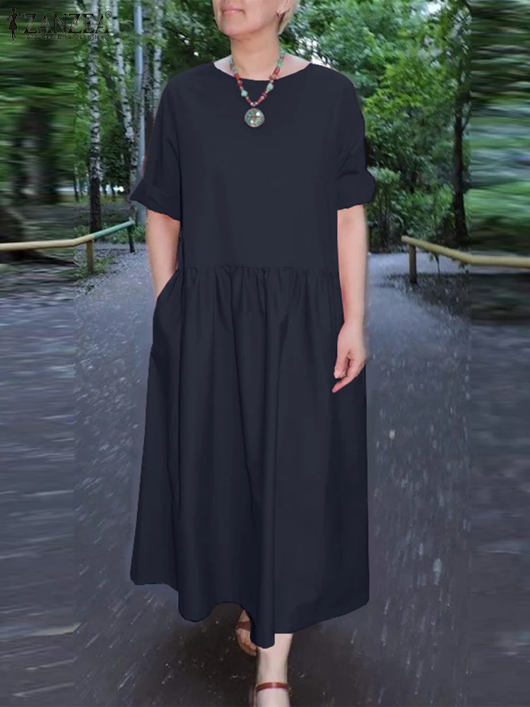 

Vintage Solid Dress ZANZEA Summer Fashiion O Neck Half Sleeve Midi Robe Femme Bohemain Sundress Casual Loose Work Vestidos 2024