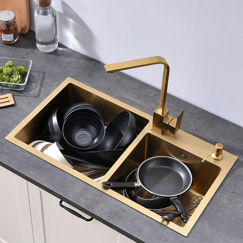 Gold Kitchen Sink kitchen accessories kitchen sink Above Counter or Undermount 304 Stainless Steel double Bowl Goldn Basket Drainer Soap Dispenser Washing Basin