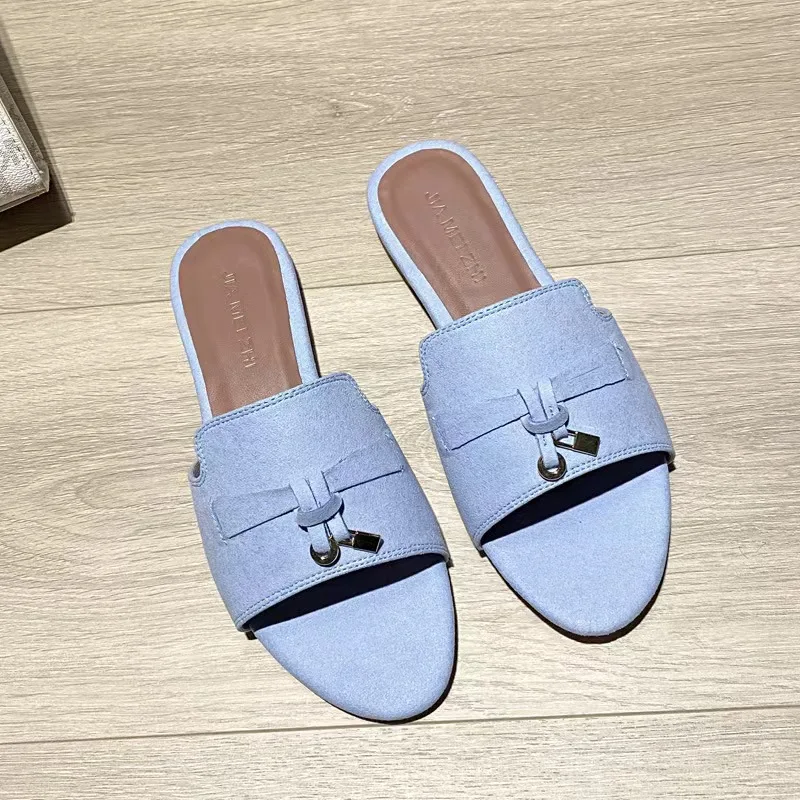 In The Summer Of 2024, The New Style Of Wearing Cowhide Suede Daily Travel Holiday Beach Leisure Open-Toed Flat Slippers Female