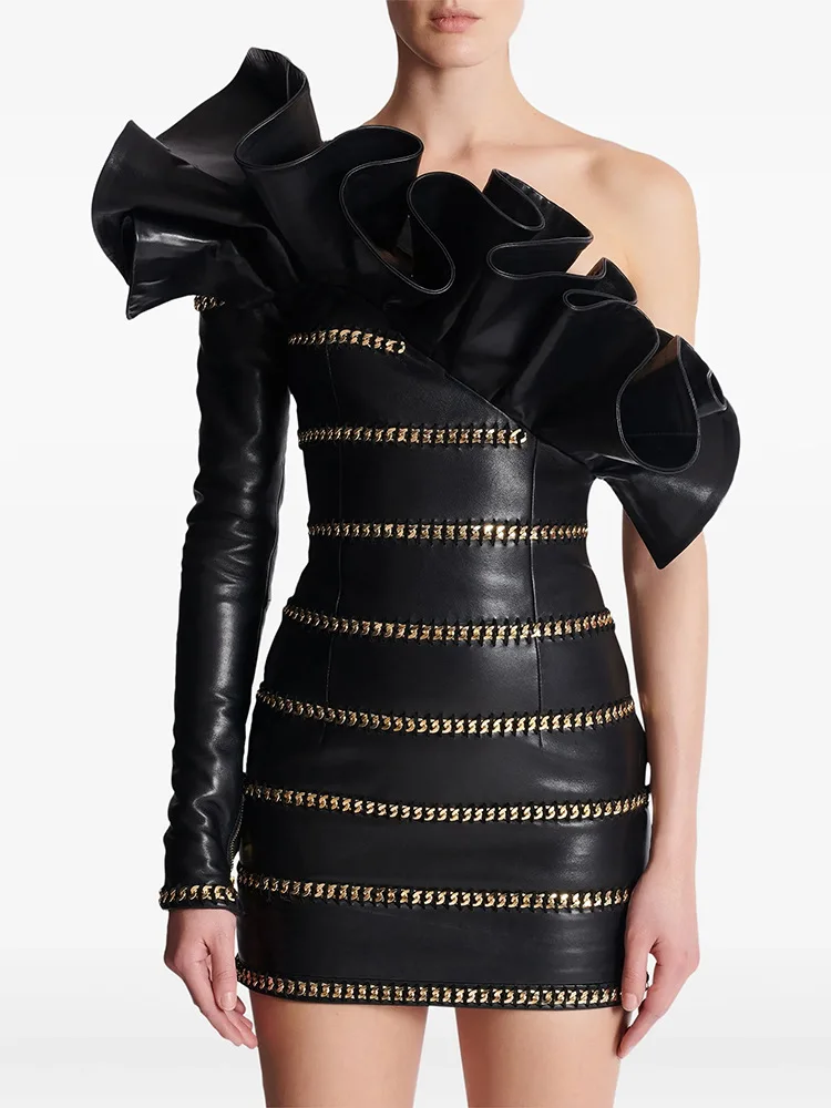 HIGH STREET Newest 2025 Designer Fashion Women's Chain Three-Dimensional Lotus Leaf Single Sleeve Leather Dress