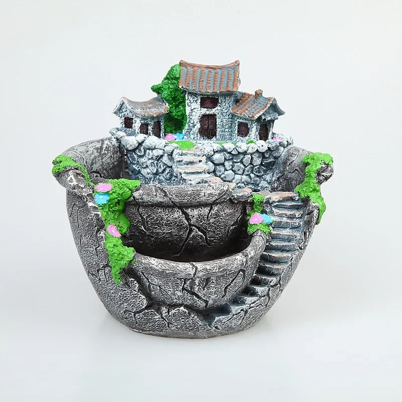 Creative Imitation Stone Resin Flower Pot, Creative Rural Micro Landscape, Large Caliber, House, Home, Garden, Fleshy Flower Pot