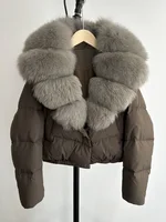 2024 New Winter Big Natural Fox Fur Fluffy Puffer Coat Women Button Warm 90White Duck Feather Down Short Jacket Waterproof Parka 2