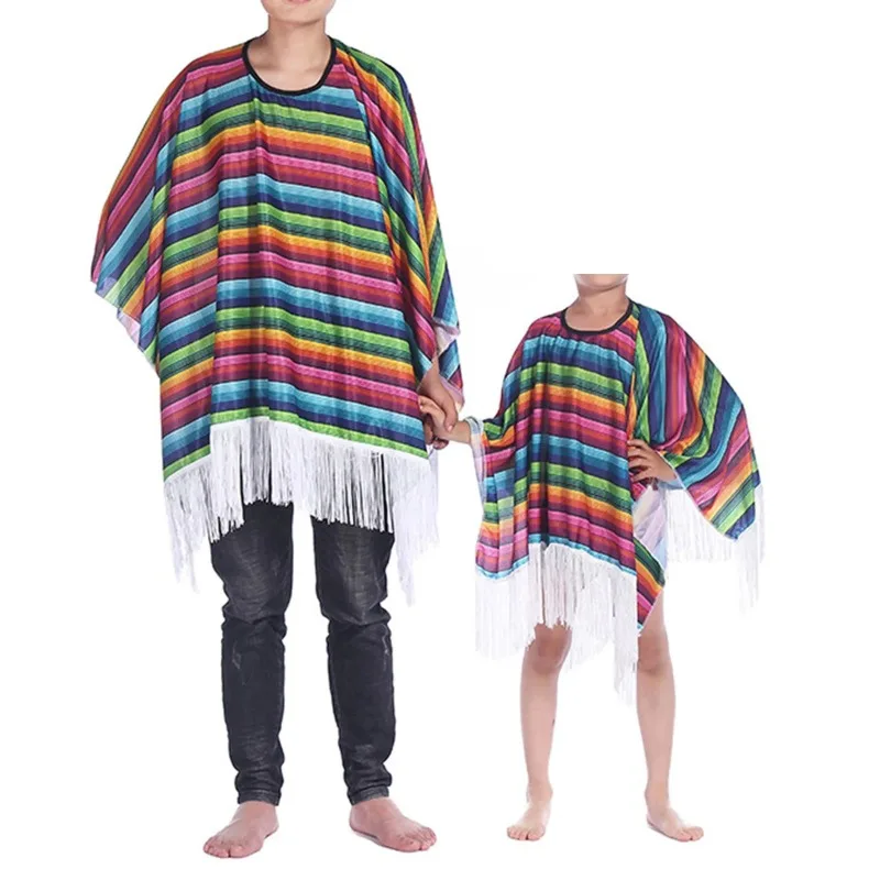 Party Hat Child Adult Mexican Party Costume Colourful Cloak Cape Wide Brimmed Hat Sunglasses Beard Mexican Holiday Halloween Fiesta