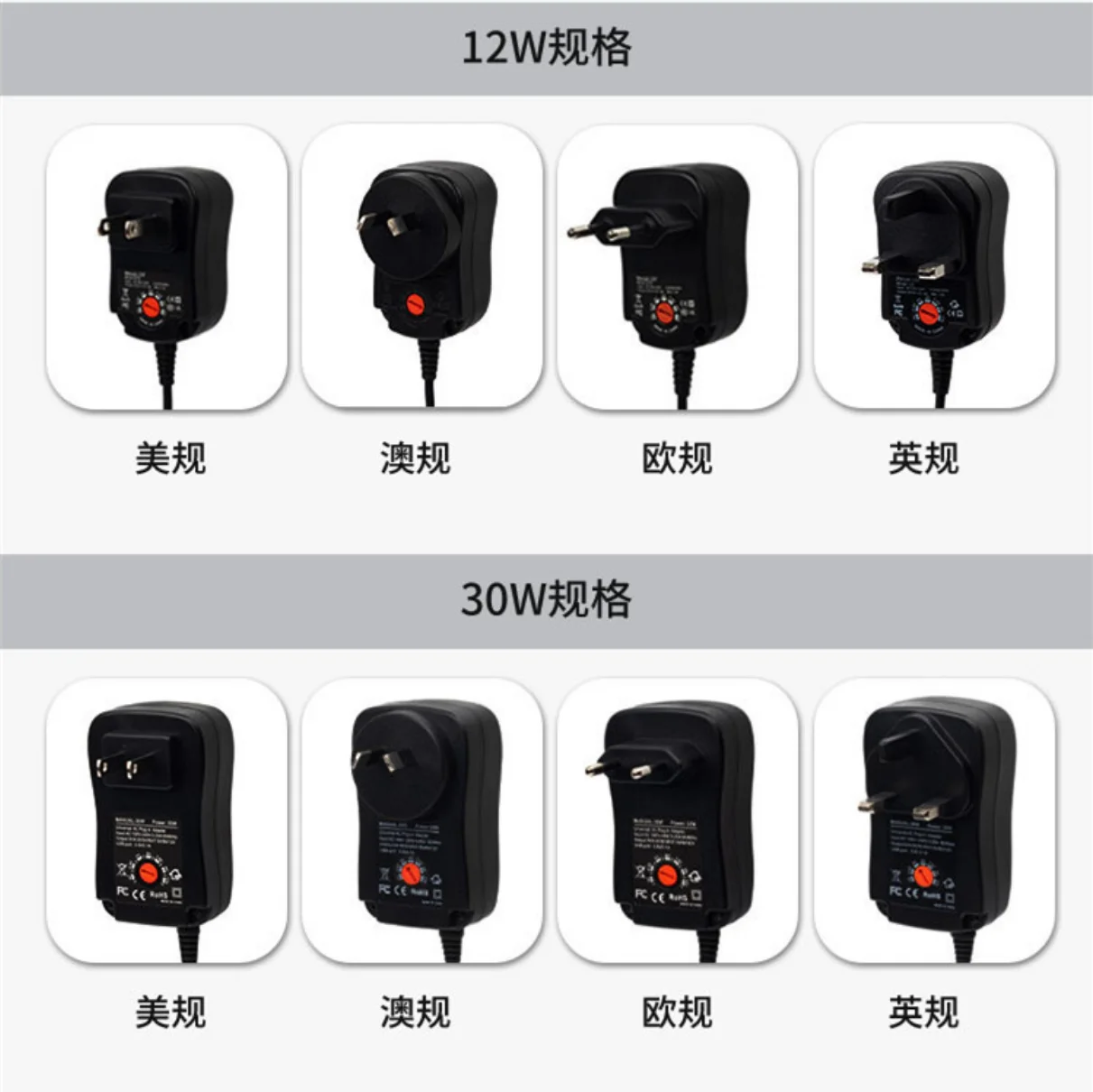Universal 12W-30W Multi-Voltage DC Wall Charger with Interchangeable Plugs