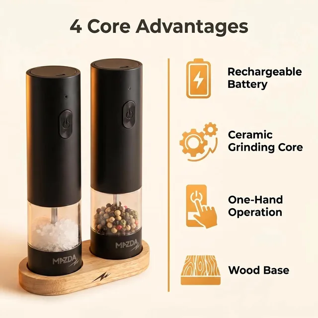 Rechargeable Electric Salt&Pepper Grinder Set with Wood Base, Automatic One‑Hand Operated Spice Mill with Adjustable Coarseness 2