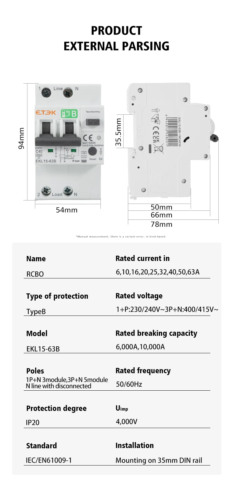 ETEC RCD 30mA Low Voltage B Type 40A Over Current And Leakage Protection RCBO 10